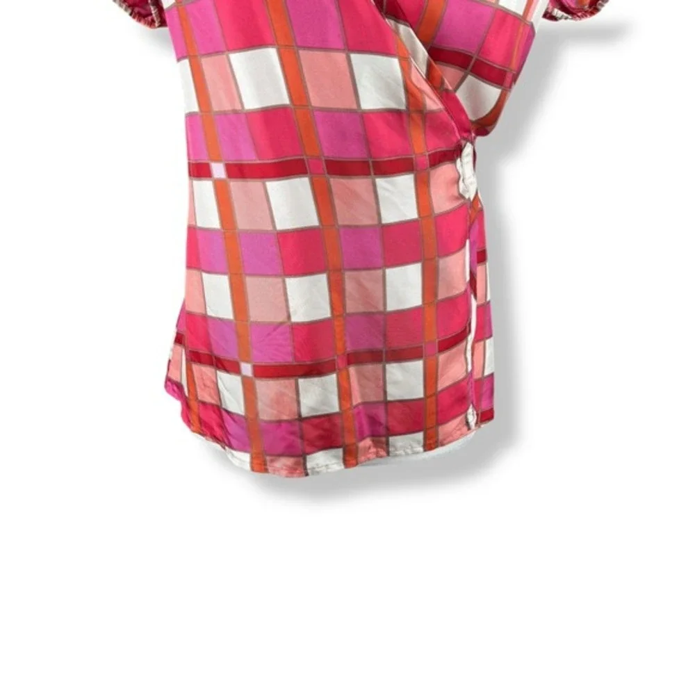 Banana Republic 100% Silk Wrap Top‎ Womens Size XS Y2K Retro Geometric Plaid